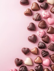 Fototapeta premium A Symphony of Hearts: A Delightful Collection of Exquisite Chocolate Hearts, Beautifully Displayed on a Pastel Pink Surface, Creating a Scene of Pure Romance and Sweet Indulgence