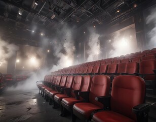 Fototapeta premium Stage filled with smoke and fog, empty seats remain, enigma, haze, vapor