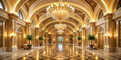 Obraz premium Grand entrance hall with high ceiling and elegant golden arches under soft warm lighting , refined atmosphere, luxurious event decor