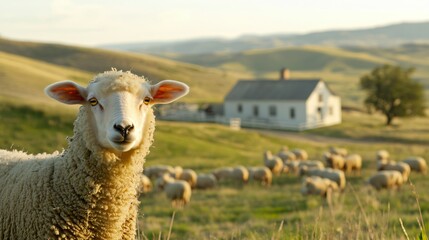 Fototapeta premium Sheep with Soft Glowing Wool in Foreground of Peaceful Rural Pasture Dotted with Other Sheep in Sunlight