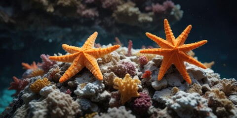 Starfish with bright orange spots perched on top of a coral, marine life, colorful, ocean