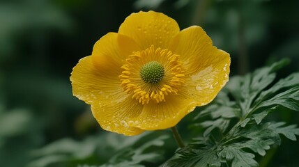 Close up of a vibrant yellow flower with water droplets, set against a background of dark green foliage. The flower's petals are slightly ruffled