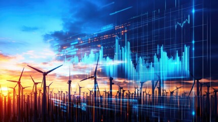 Wind turbines at sunset with data blending.