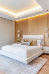 Minimalist cozy bedroom, oversized white boucle bed, warm oak paneled feature wall with recessed LED strip lighting, floating stone nightstands