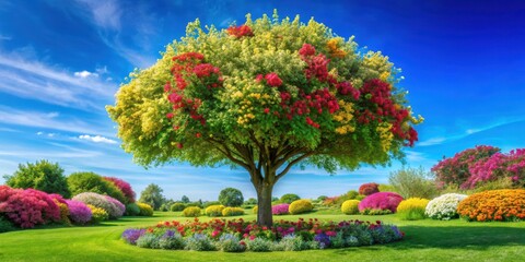 Lush green tree with vibrant flowers in full bloom against a bright blue sky, outdoor, greenery,  outdoor, greenery