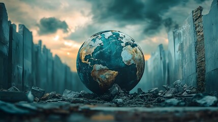 Gloomy Earth: A miniature Earth rests on rubble, a dramatic, dystopian scene set against a backdrop of a stormy sky and decaying structures.