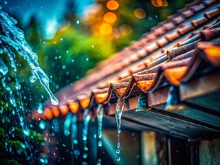 Bokeh Rainwater Draining from Roof Gutter, Dramatic Shallow Depth of Field