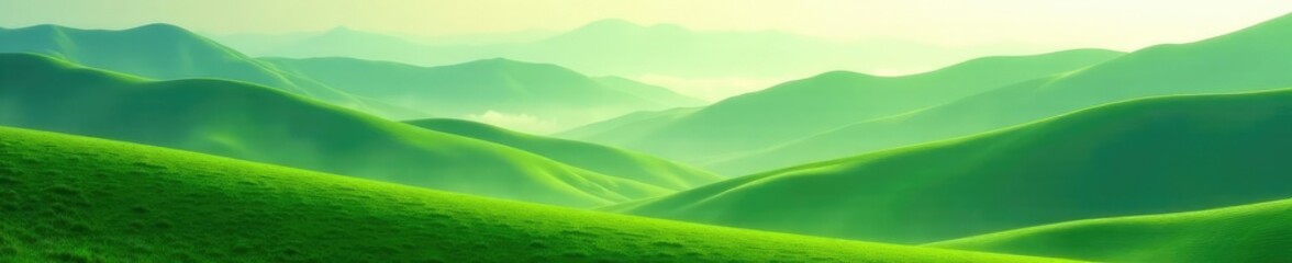 Obraz premium Rolling hills of emerald green amidst morning mist, calm, soft light, hills