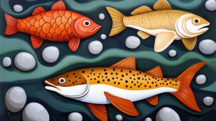 A vibrant illustration of three colorful fish swimming among stones, showcasing artistic detail and a lively underwater scene.