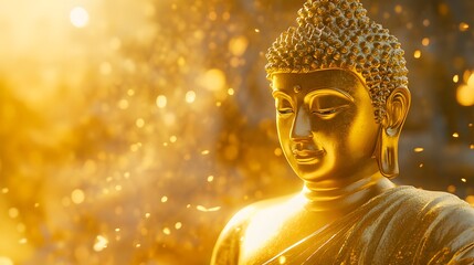 Golden Buddha in Enlightenment: A serene golden Buddha statue bathed in warm, radiant light, symbolizing peace, enlightenment, and spiritual awakening.  The background features a soft.