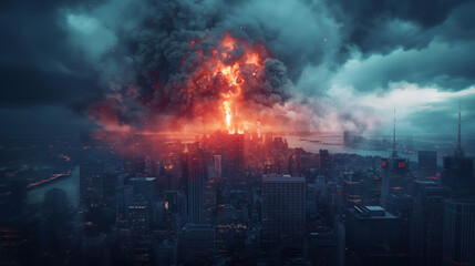 Dramatic explosion lights up skyline with fiery mushroom cloud above city