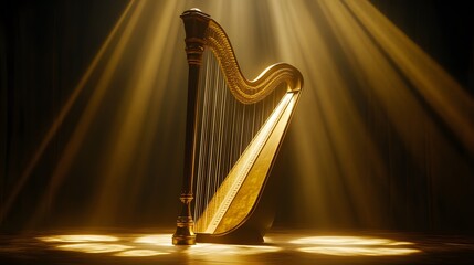 Harp in Golden Light: A majestic harp stands bathed in a warm, golden light, its elegant curves highlighted by dramatic beams of light. The image evokes a sense of grace, artistry.