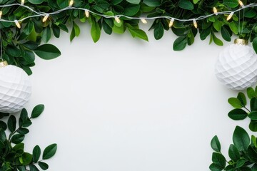 Fototapeta premium Festive Christmas Background White Ornaments Green Greenery and Fairy Lights