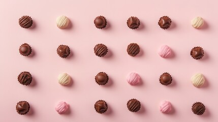 Fototapeta premium A Symphony of Hearts: A Delightful Collection of Exquisite Chocolate Hearts, Beautifully Displayed on a Pastel Pink Surface, Creating a Scene of Pure Romance and Sweet Indulgence