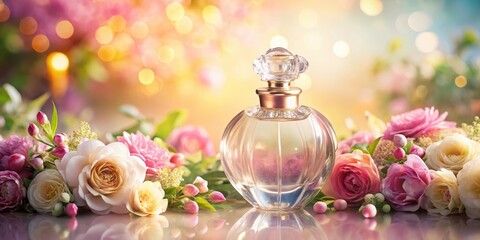 Colorful floral arrangement surrounding a elegant perfume bottle with delicate glass and intricate designs, set against a soft pastel background , perfume bottle, elegant design