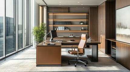 Spacious, modern desk setup with a focus on organization, surrounded by light from tall windows.