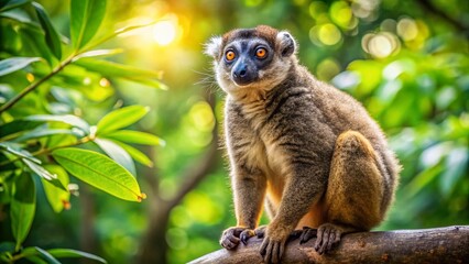 Naklejka premium Common Brown Lemur Perched in Tree Branch, Madagascar Wildlife, Primate in Nature