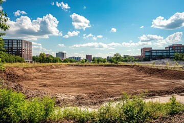 Fototapeta premium a dirt pit in an open field framed by buildings and trees, under a vast blue sky, creating a striking contrast between nature and urban development