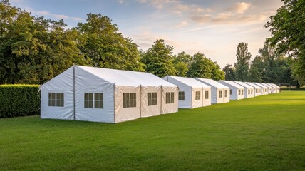 Obraz premium Row of White Party Tents on Green Grass in Park Setting Event Venue