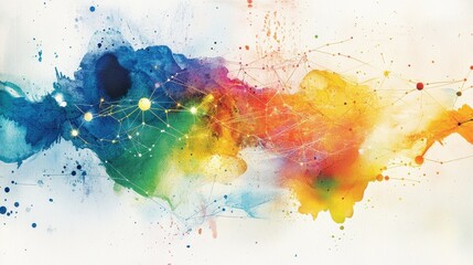 Fototapeta premium Vibrant watercolor illustration of a global investment network, financial connections intertwining between continents, glowing digital economy links, dynamic flow. 
