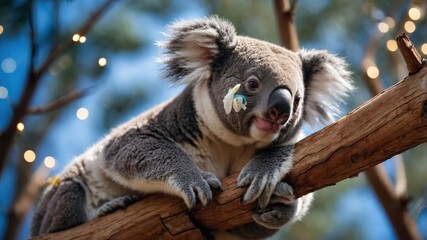 Obraz premium A koala resting on a branch surrounded by twinkling lights in a serene environment