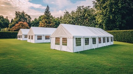 Obraz premium Three White Party Tents on Lush Green Lawn in a Park Setting for Outdoor Event