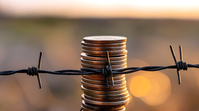 Coin Stack on Barbed Wire Fence: A stack of coins sits atop barbed wire, juxtaposing the rigid barrier with the promise of financial prosperity.