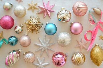 a festive flat lay of stylish christmas decorations on an ivory backdrop, filled with glimmering golden and silver ornaments, pink stars, and colorful ribbon, evoking holiday warmth and cheer