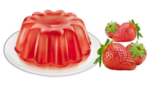 prato com gelatina sabor morango acompanhado de morangos frescos isolado em fundo transparente