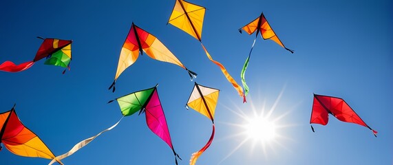 Playful closeup of colorful kites flying freely against a blue sky symbolizing joy and the carefree spirit of childhood