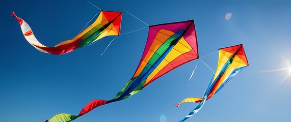 Playful closeup of colorful kites flying freely against a blue sky symbolizing joy and the carefree spirit of childhood