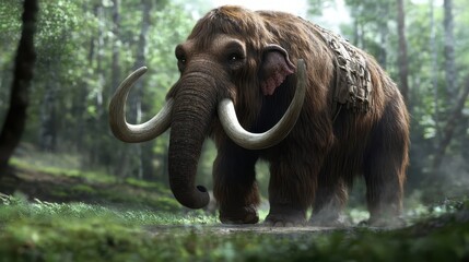 Obraz premium Mammoth walking through a dense forest.