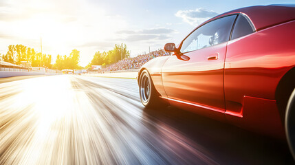 Naklejka premium sports car racing at high speed on a drag strip, showcasing the thrill of competition and the pursuit of performance excellence.