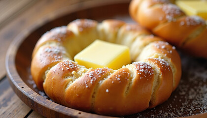 A freshly baked brioche bun topped with a melting pat of butter, sprinkled with powdered sugar for a decadent breakfast treat.