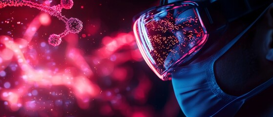 A scientist in protective gear observes vibrant, molecular structures, highlighting the intersection of technology and biology.