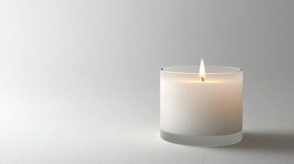 White Candle Burning in Glass Holder on White Background