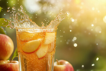 Refreshing apple beverage with splash on a sunny day on background with copy space on the right. 