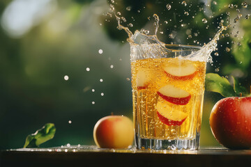 Refreshing apple drink splashes out of glass in a sunny garden setting