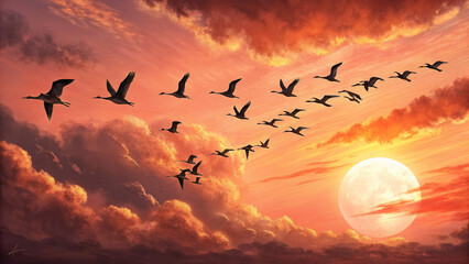 Obraz premium Flock of Birds Flying in V-Formation at Sunset