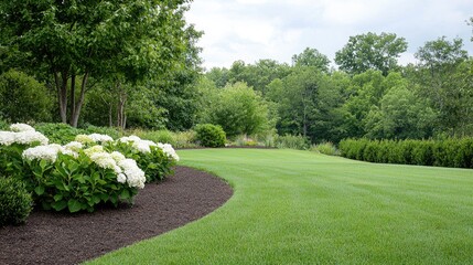 Lush green lawn, hydrangeas, trees, landscaping