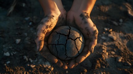 Fragile Earth:  A pair of dirt-stained hands gently cradle a cracked, parched globe, symbolizing the fragility of our planet and the urgent need for environmental action.