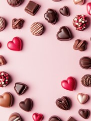 Fototapeta premium A Symphony of Hearts: A Delightful Collection of Exquisite Chocolate Hearts, Beautifully Displayed on a Pastel Pink Surface, Creating a Scene of Pure Romance and Sweet Indulgence