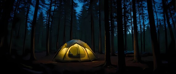 Mysterious camping tent set against dark woods at night highlighted by soft light inviting adventure and exploration in nature