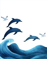 Fototapeta premium A vibrant illustration depicting dolphins leaping over ocean waves, with seagulls flying above, capturing the beauty of marine life.