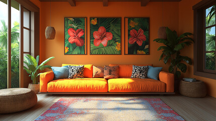 Tropical Bliss: A Vibrant Living Room with Exotic Flair