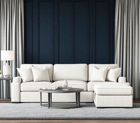 Cream sectional sofa with patterned cushions and a dark gray, paneled wall in a modern living room. A coffee table with a textured gray rug, and