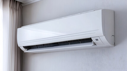 Happy technician repairing a modern air conditioning unit in a stylish home setting with natural light streaming in