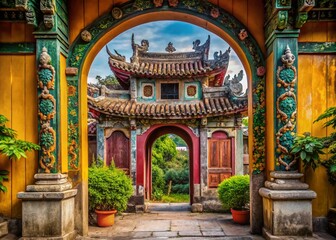 Obraz premium Candid Photo: Ancient Gate, Da Nang Temple, Vietnam - Serene Asian Architecture