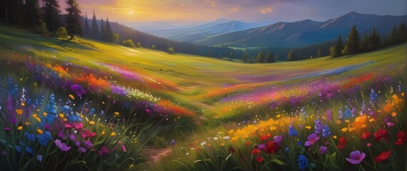 Mesmerizing oil painting capturing a sweeping meadow blanketed with colorful flowers each stroke highlighting the vibrancy of nature