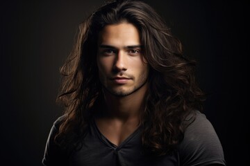 Fototapeta premium Close-up Portrait of a Photogenic Hispanic Man with Long Hair on Dark Background - Generative AI Model